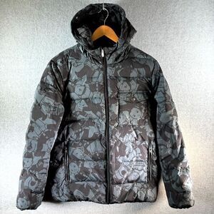 Lee Puffer Jacket Women XL Gray All Over Graphic Full Zip Pockets Hooded Outdoor